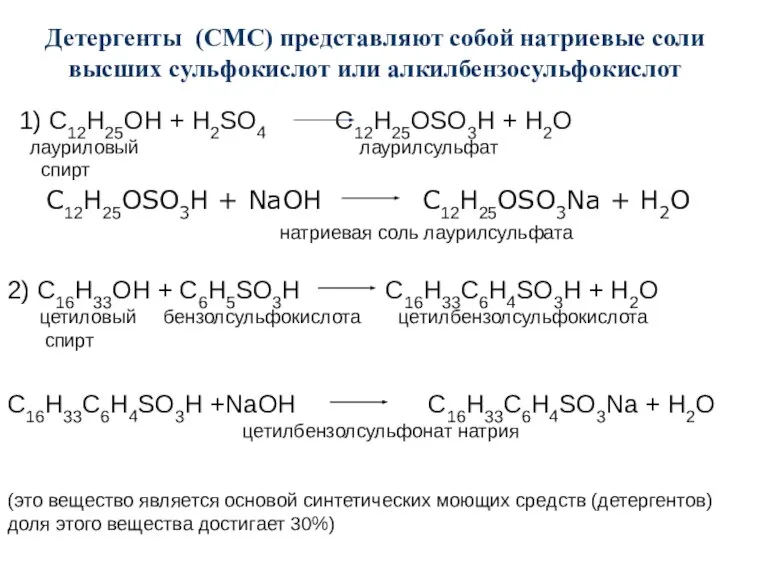 1) C12H25OH + H2SO4 C12H25OSO3H + H2O лауриловый лаурилсульфат спирт C12H25OSO3H +