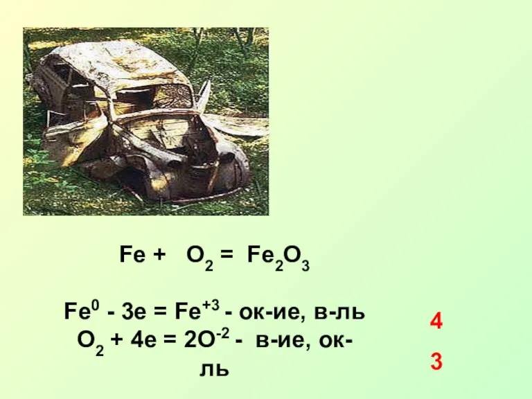 Fe + O2 = Fe2O3 Fe0 - 3e = Fe+3 - ок-ие,