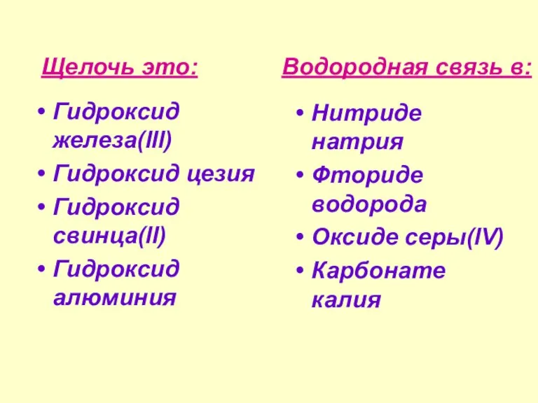 Гидроксид железа(lll) Гидроксид цезия Гидроксид свинца(ll) Гидроксид алюминия Нитриде натрия Фториде водорода