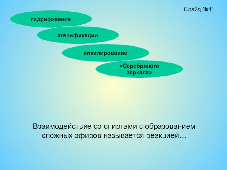 Взаимодействие со спиртами с образованием сложных эфиров называется реакцией… гидрирование этерификации алкилирование «Серебряного зеркала» Слайд №11