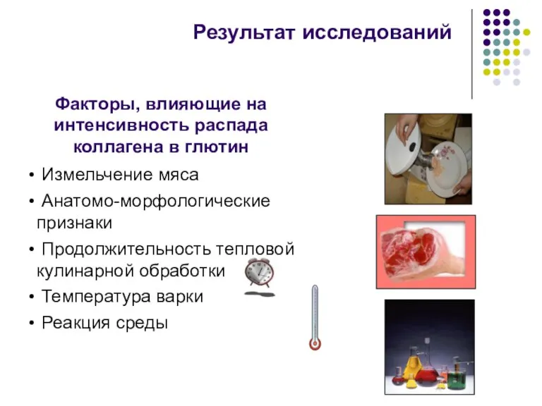 Результат исследований Измельчение мяса Анатомо-морфологические признаки Продолжительность тепловой кулинарной обработки Температура варки