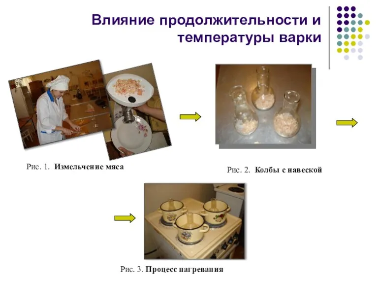 Влияние продолжительности и температуры варки Рис. 1. Измельчение мяса Рис. 3. Процесс