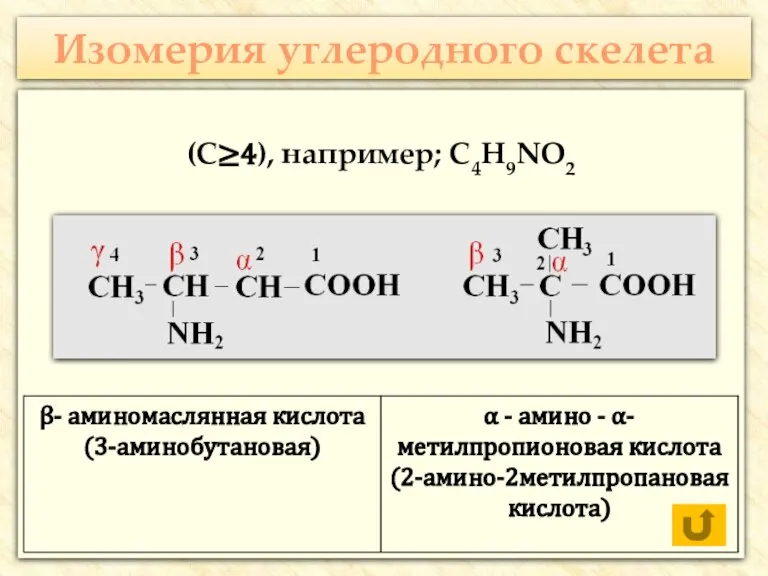 Изомерия углеродного скелета (С≥4), например; С4H9NO2