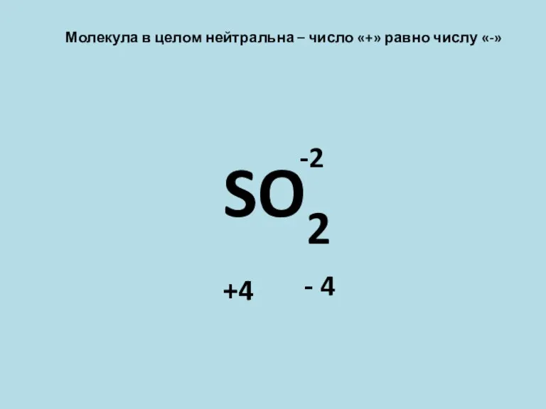 Молекула в целом нейтральна – число «+» равно числу «-» SO2 -2 +4 - 4 +4
