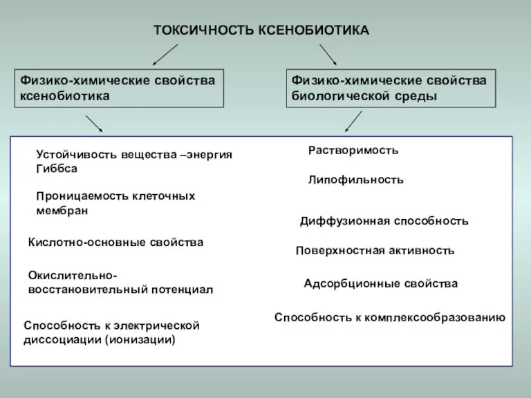 ТОКСИЧНОСТЬ КСЕНОБИОТИКА Адсорбционные свойства Физико-химические свойства биологической среды Устойчивость вещества –энергия Гиббса