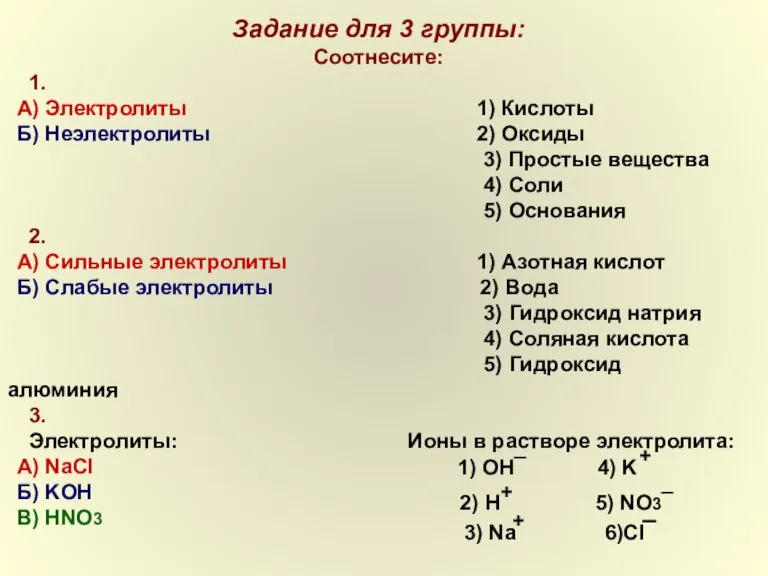 Задание для 3 группы: Соотнесите: 1. А) Электролиты 1) Кислоты Б) Неэлектролиты