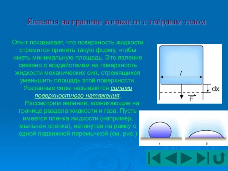 Явления на границе жидкости с твёрдым телом Опыт показывает, что поверхность жидкости