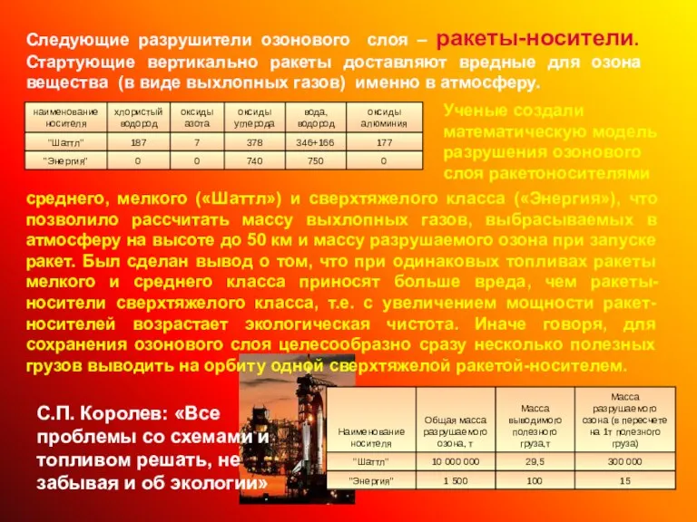 Следующие разрушители озонового слоя – ракеты-носители. Стартующие вертикально ракеты доставляют вредные для