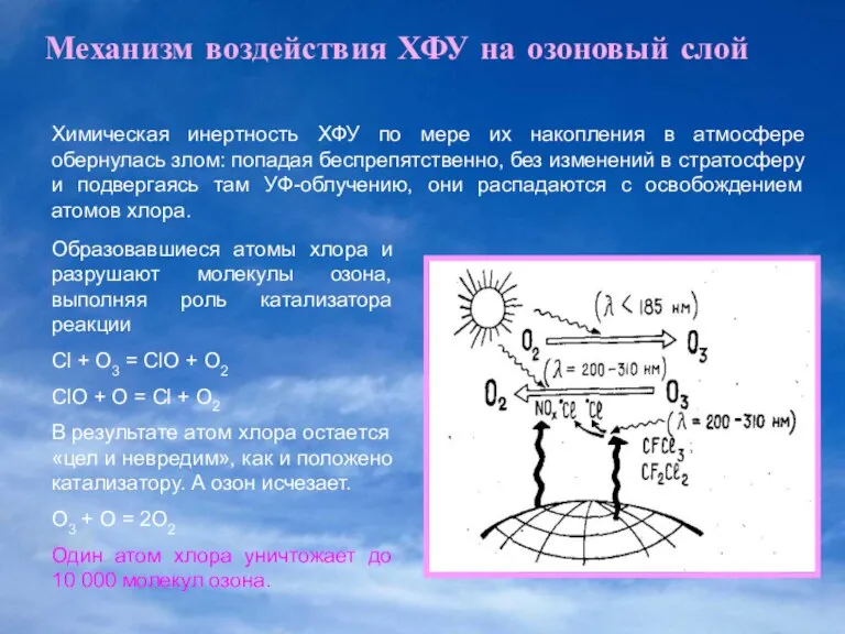 Механизм воздействия ХФУ на озоновый слой Химическая инертность ХФУ по мере их