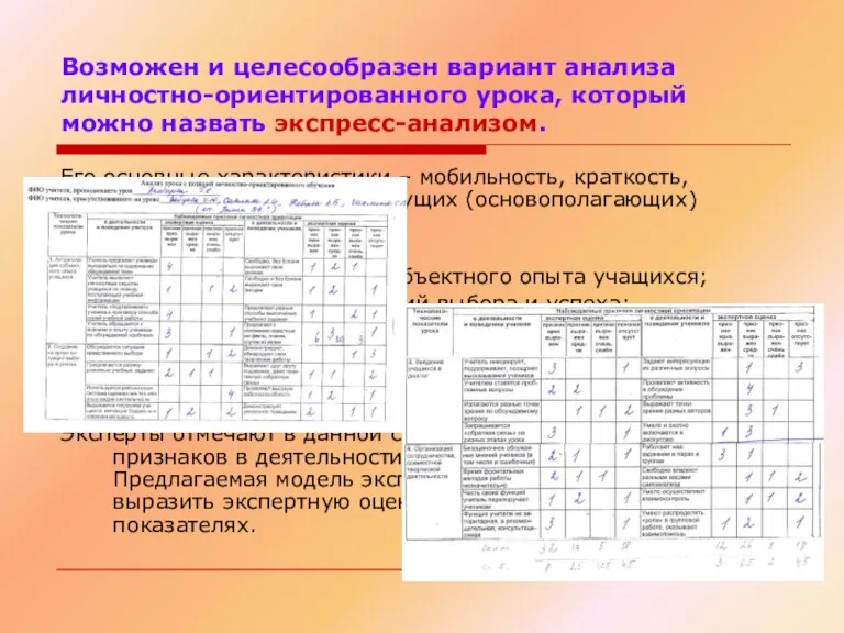 Возможен и целесообразен вариант анализа личностно-ориентированного урока, который можно назвать экспресс-анализом. Его