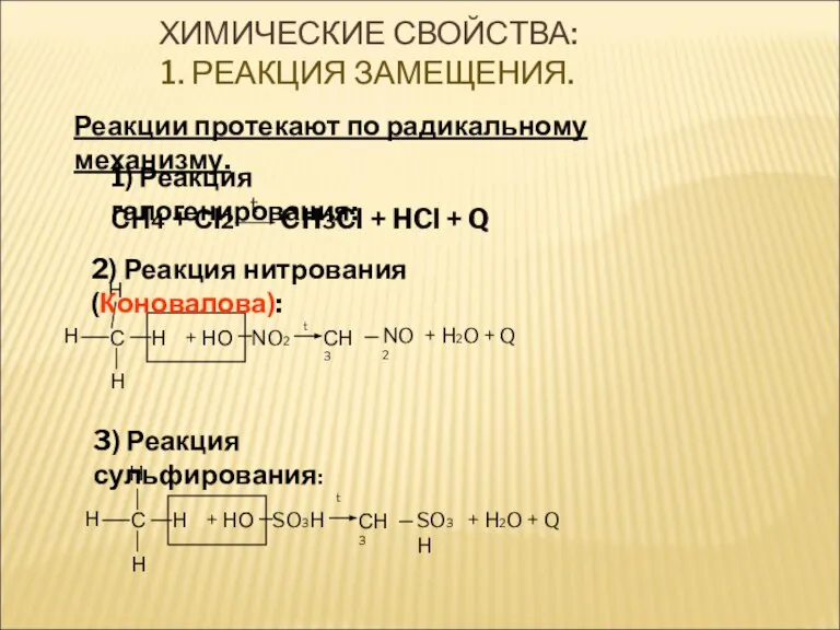 СН4 + Сl2 CH3Cl + HCl + Q t Реакции протекают по