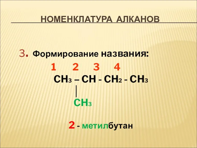 НОМЕНКЛАТУРА АЛКАНОВ 3. Формирование названия: 1 2 3 4 CH3 – CH