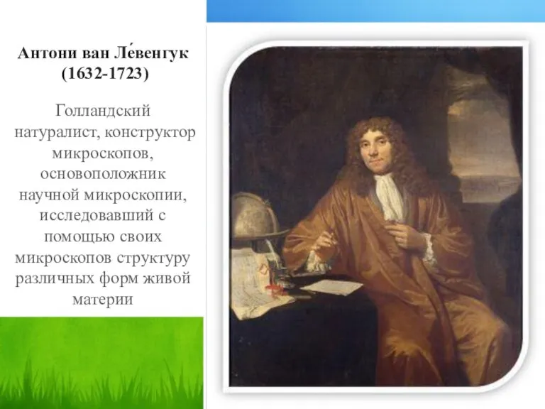 Антони ван Ле́венгук (1632-1723) Голландский натуралист, конструктор микроскопов, основоположник научной микроскопии, исследовавший