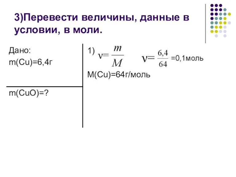 3)Перевести величины, данные в условии, в моли. 1) M(Cu)=64г/моль