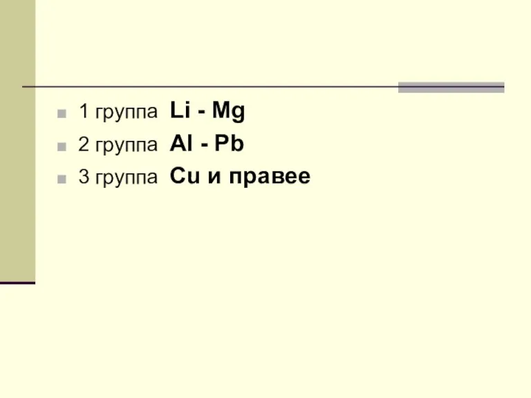 1 группа Li - Mg 2 группа Al - Pb 3 группа Cu и правее