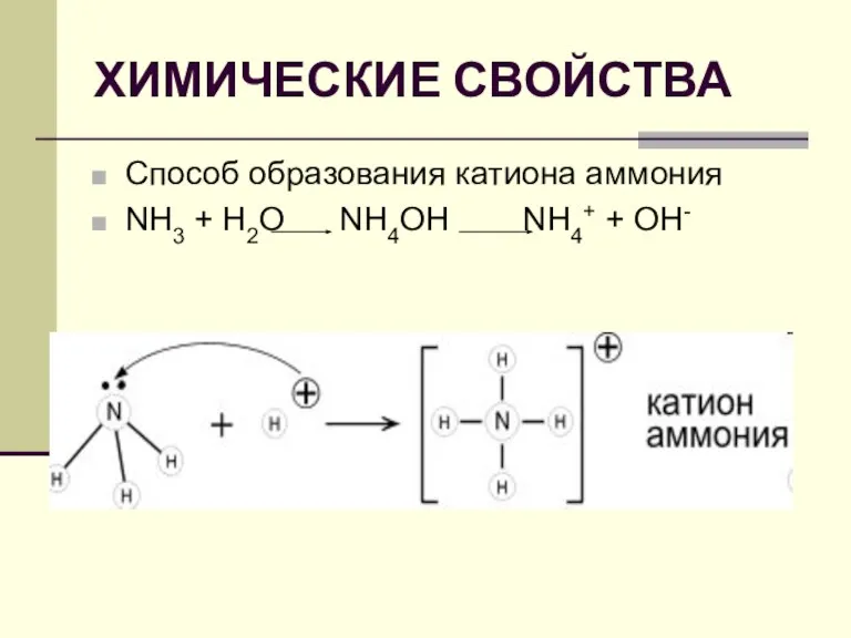 ХИМИЧЕСКИЕ СВОЙСТВА Способ образования катиона аммония NH3 + Н2O NH4OH NH4+ + OH-