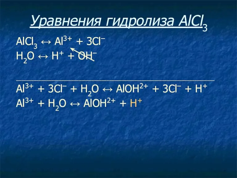 Уравнения гидролиза АlСl3 АlСl3 ↔ Аl3+ + 3Сl– Н2O ↔ Н+ +