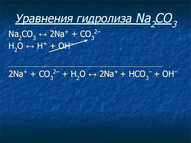 Уравнения гидролиза Na2CO3 Na2CO3 ↔ 2Na+ + СO32– Н2O ↔ Н+ +