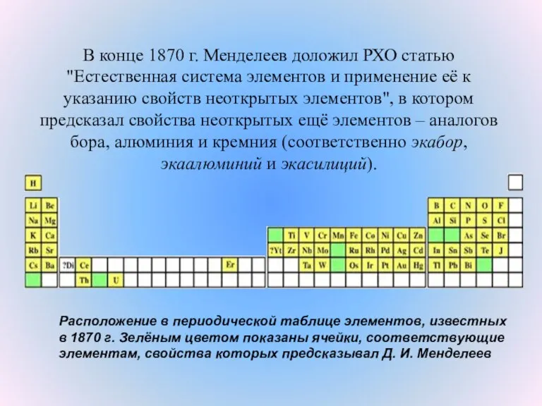 В конце 1870 г. Менделеев доложил РХО статью "Естественная система элементов и