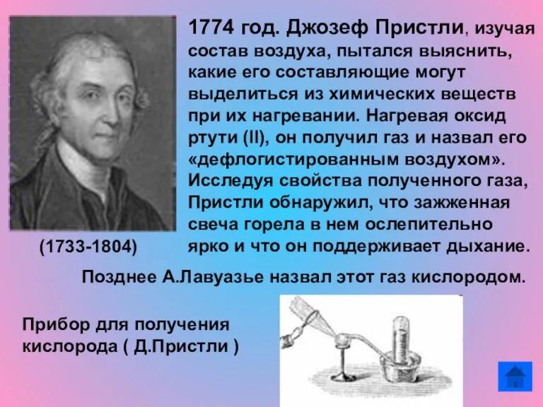 1774 год. Джозеф Пристли, изучая состав воздуха, пытался выяснить, какие его составляющие