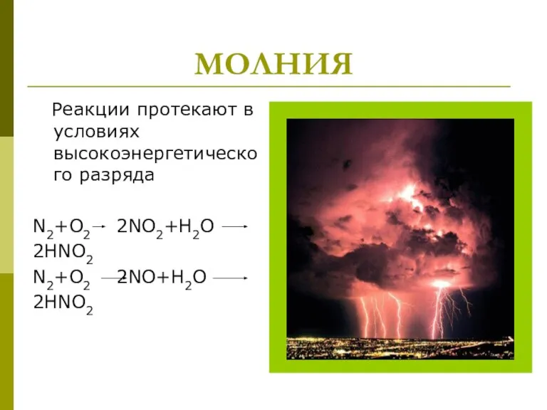 МОЛНИЯ Реакции протекают в условиях высокоэнергетического разряда N2+O2 2NO2+H2O 2HNO2 N2+O2 2NO+H2O 2HNO2