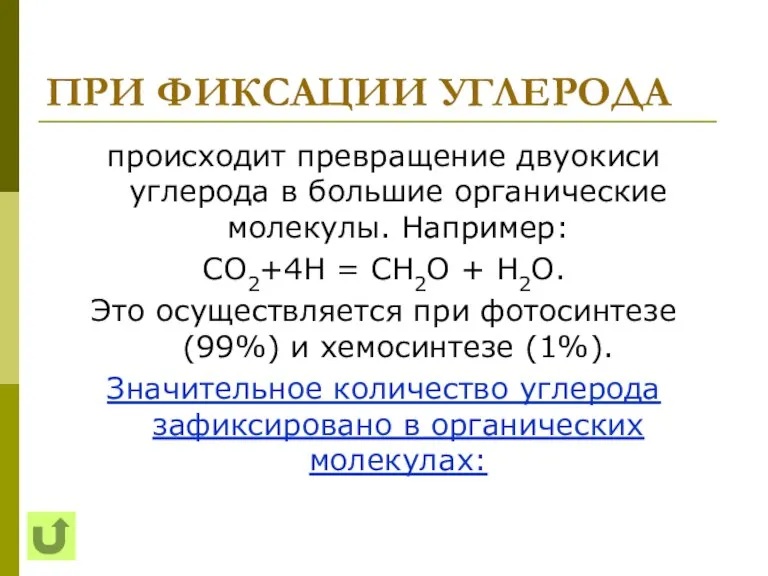 ПРИ ФИКСАЦИИ УГЛЕРОДА происходит превращение двуокиси углерода в большие органические молекулы. Например: