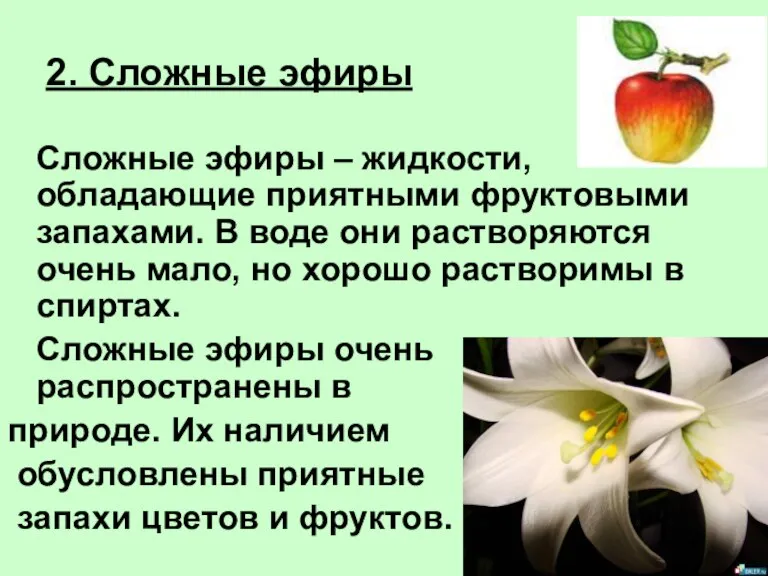 2. Сложные эфиры Сложные эфиры – жидкости, обладающие приятными фруктовыми запахами. В