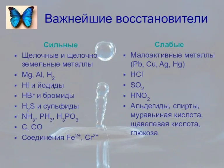 Сильные Щелочные и щелочно-земельные металлы Mg, Al, H2 HI и йодиды HBr