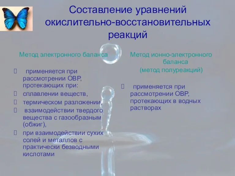 Составление уравнений окислительно-восстановительных реакций Метод электронного баланса применяется при рассмотрении ОВР, протекающих