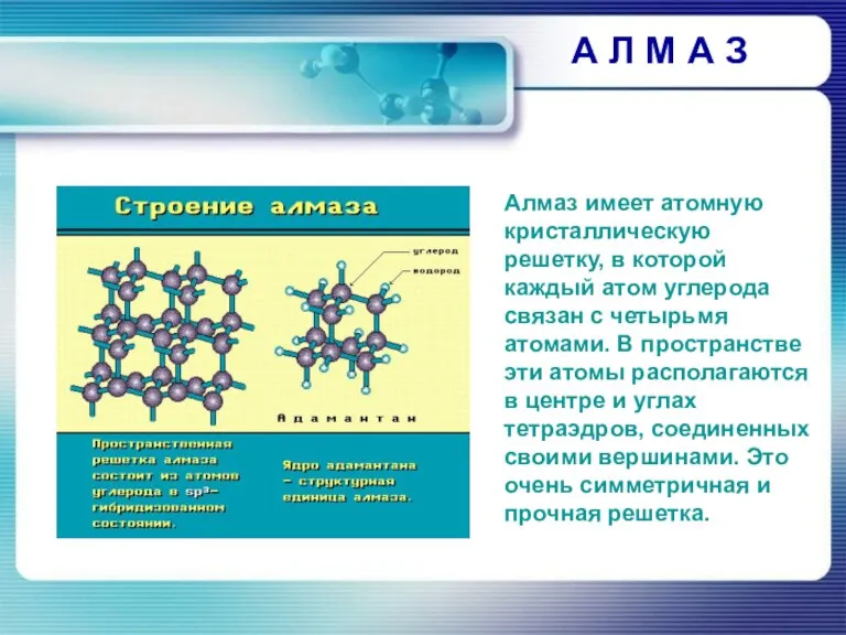 А Л М А З Алмаз имеет атомную кристаллическую решетку, в которой