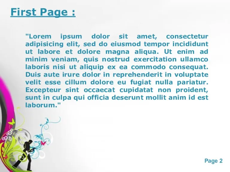 First Page : "Lorem ipsum dolor sit amet, consectetur adipisicing elit, sed