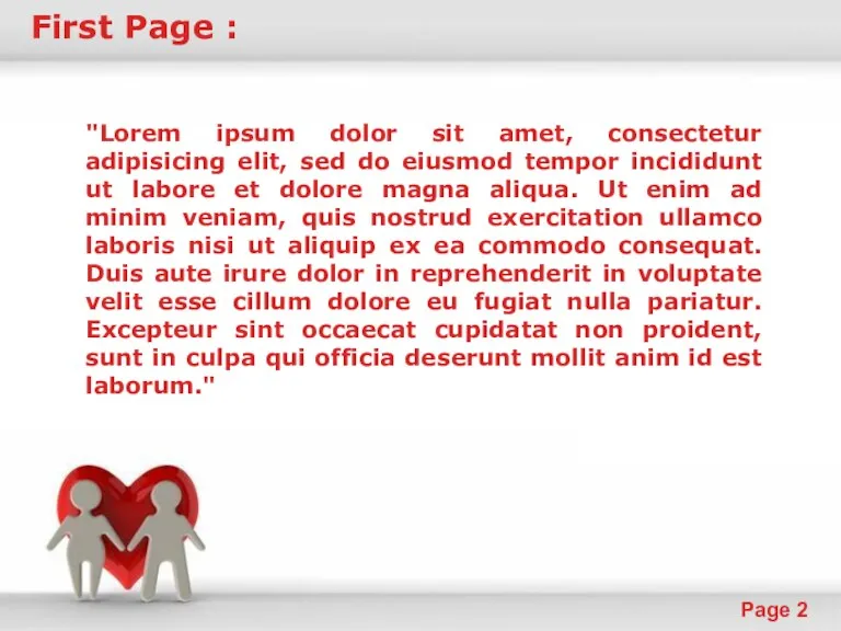 First Page : "Lorem ipsum dolor sit amet, consectetur adipisicing elit, sed