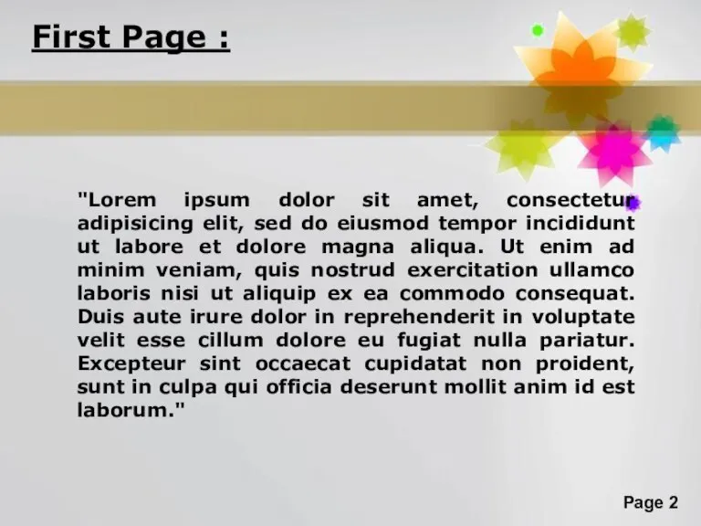 First Page : "Lorem ipsum dolor sit amet, consectetur adipisicing elit, sed