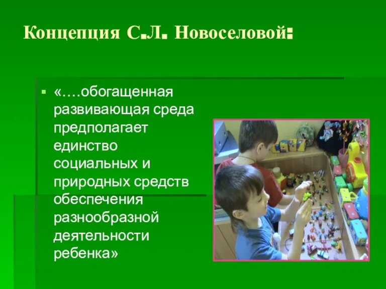 Концепция С.Л. Новоселовой: «….обогащенная развивающая среда предполагает единство социальных и природных средств обеспечения разнообразной деятельности ребенка»