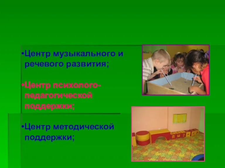 Центр музыкального и речевого развития; Центр психолого-педагогической поддержки; Центр методической поддержки;