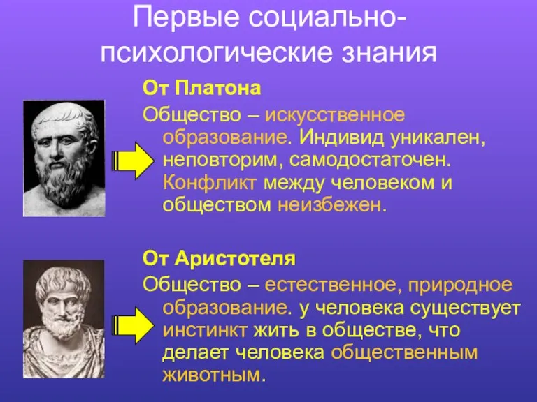 Первые социально-психологические знания От Платона Общество – искусственное образование. Индивид уникален, неповторим,