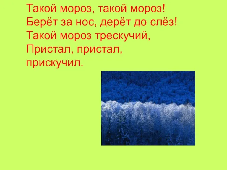 Такой мороз, такой мороз! Берёт за нос, дерёт до слёз! Такой мороз трескучий, Пристал, пристал, прискучил.