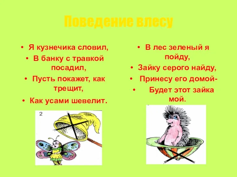 Поведение влесу Я кузнечика словил, В банку с травкой посадил, Пусть покажет,