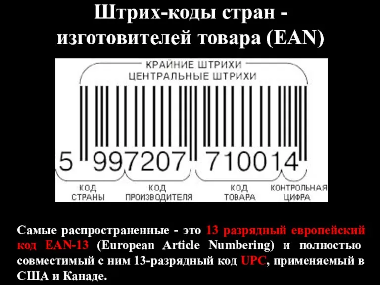 Штрих-коды стран - изготовителей товара (EAN) Самые распространенные - это 13 разрядный