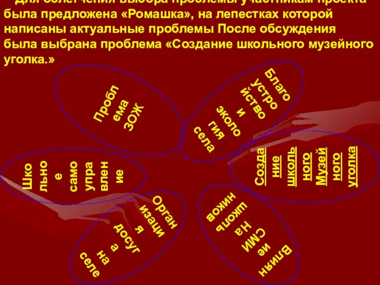 Для облегчения выбора проблемы участникам проекта была предложена «Ромашка», на лепестках которой