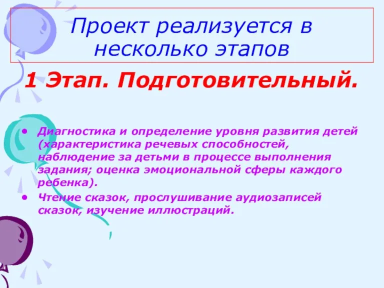 Проект реализуется в несколько этапов 1 Этап. Подготовительный. Диагностика и определение уровня