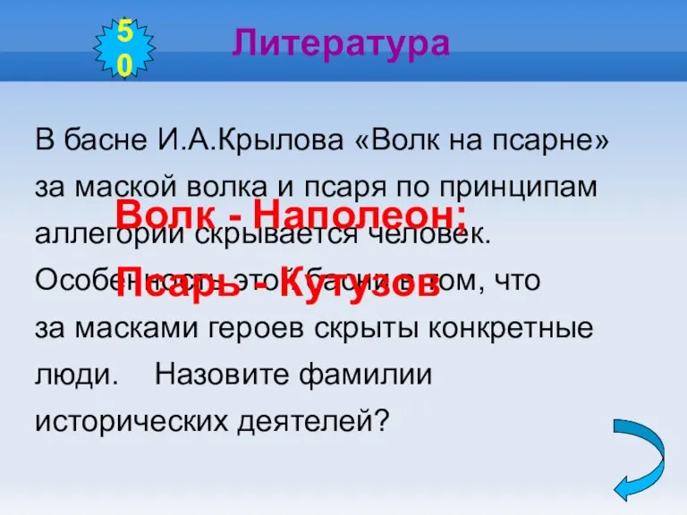 Литература В басне И.А.Крылова «Волк на псарне» за маской волка и псаря