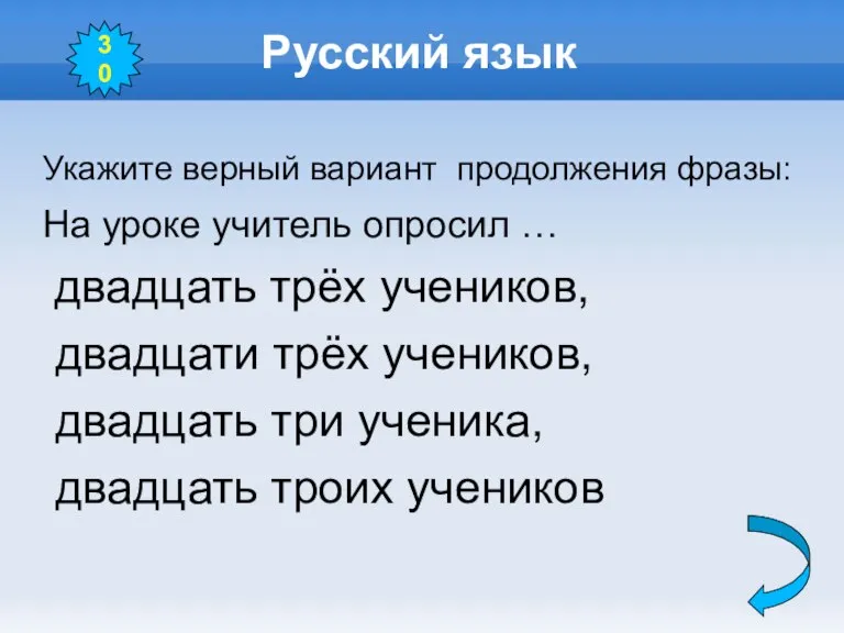 Русский язык Укажите верный вариант продолжения фразы: На уроке учитель опросил …