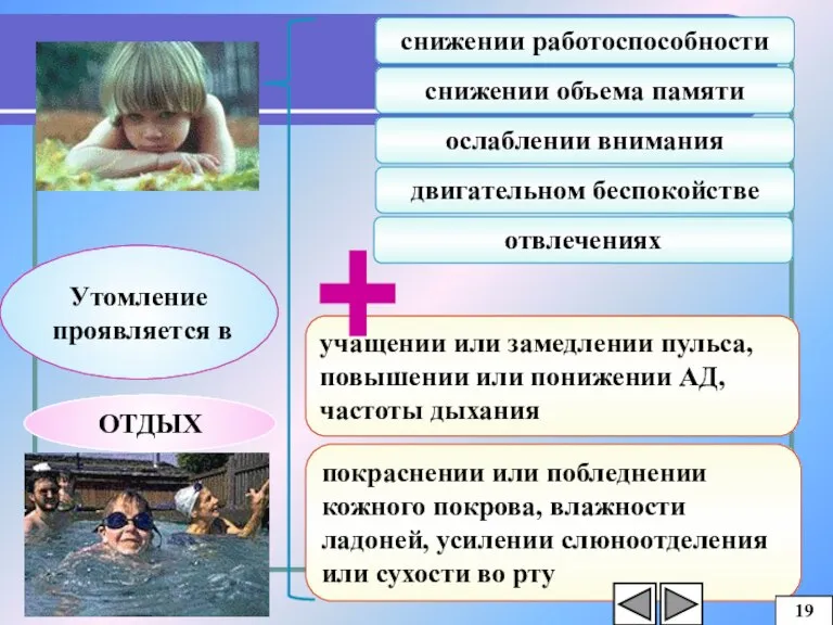 Утомление проявляется в учащении или замедлении пульса, повышении или понижении АД, частоты