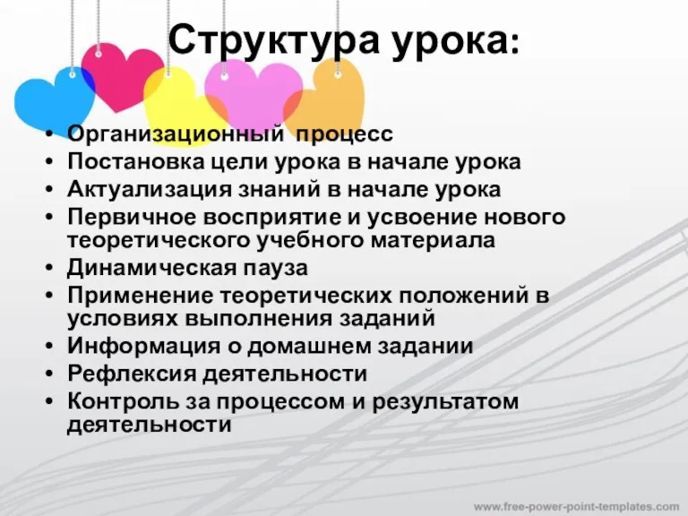 Структура урока: Организационный процесс Постановка цели урока в начале урока Актуализация знаний