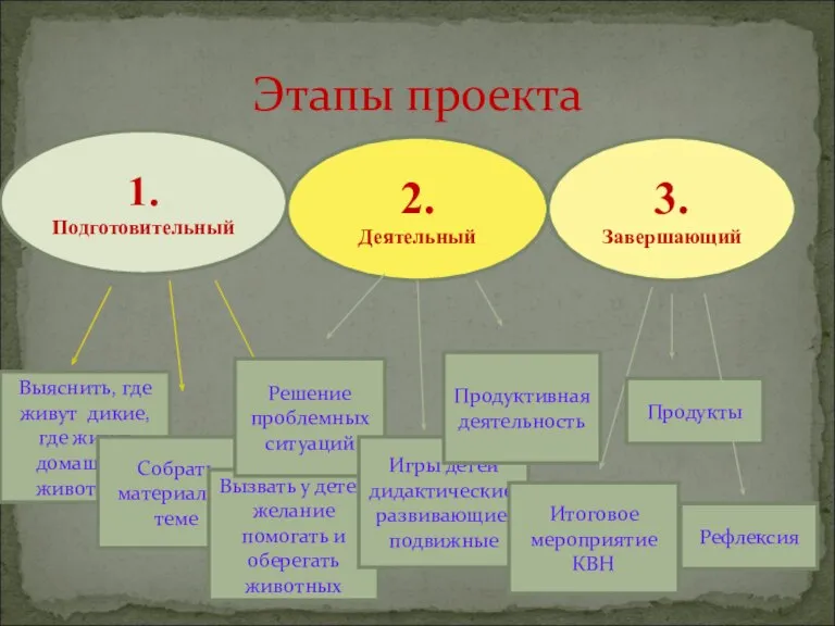 Этапы проекта 1. Подготовительный 2. Деятельный 3. Завершающий Выяснить, где живут дикие,