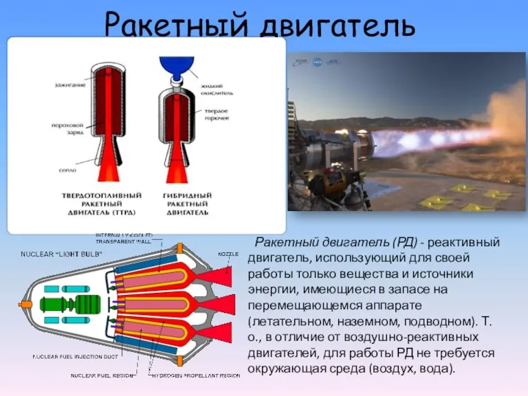 Ракетный двигатель Ракетный двигатель (РД) - реактивный двигатель, использующий для своей работы