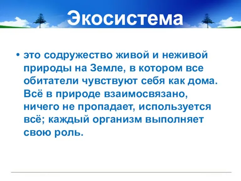 Экосистема это содружество живой и неживой природы на Земле, в котором все