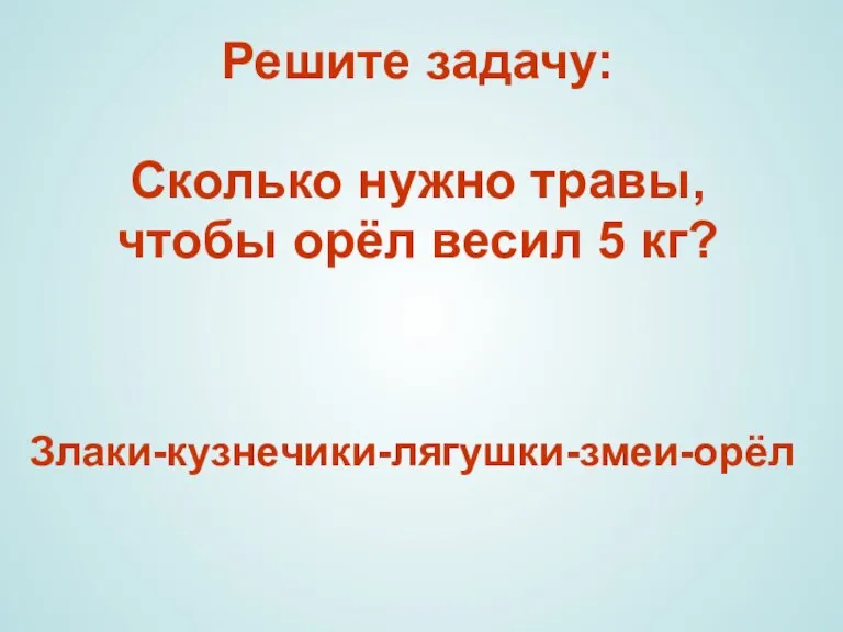 Решите задачу: Сколько нужно травы, чтобы орёл весил 5 кг? Злаки-кузнечики-лягушки-змеи-орёл