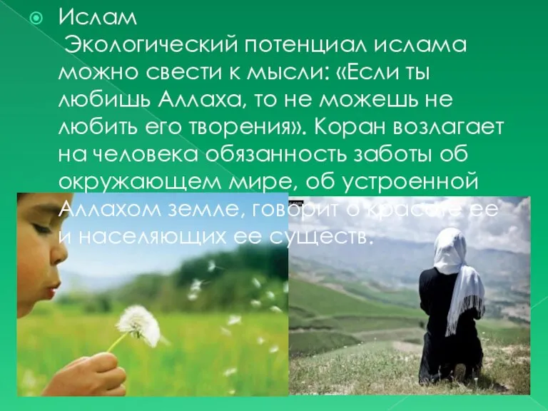 Ислам Экологический потенциал ислама можно свести к мысли: «Если ты любишь Аллаха,